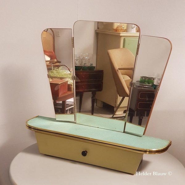 Retro vintage jaren 50 toilet spiegel drieluik, planchet, klepkastje