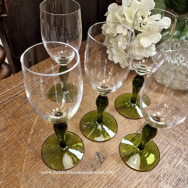Vintage port- of wijnglazen groene stengel (set van vijf glazen)