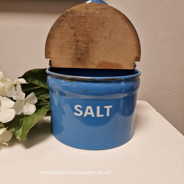 Vintage brocante zoutpot emaille blauw