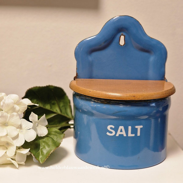 Vintage brocante zoutpot emaille blauw