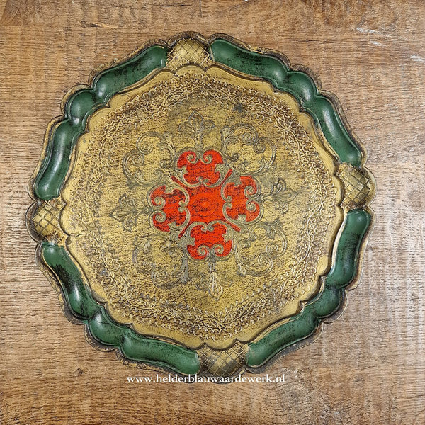 Vintage Florentijns barok rond dienblad goud /groen/rood
